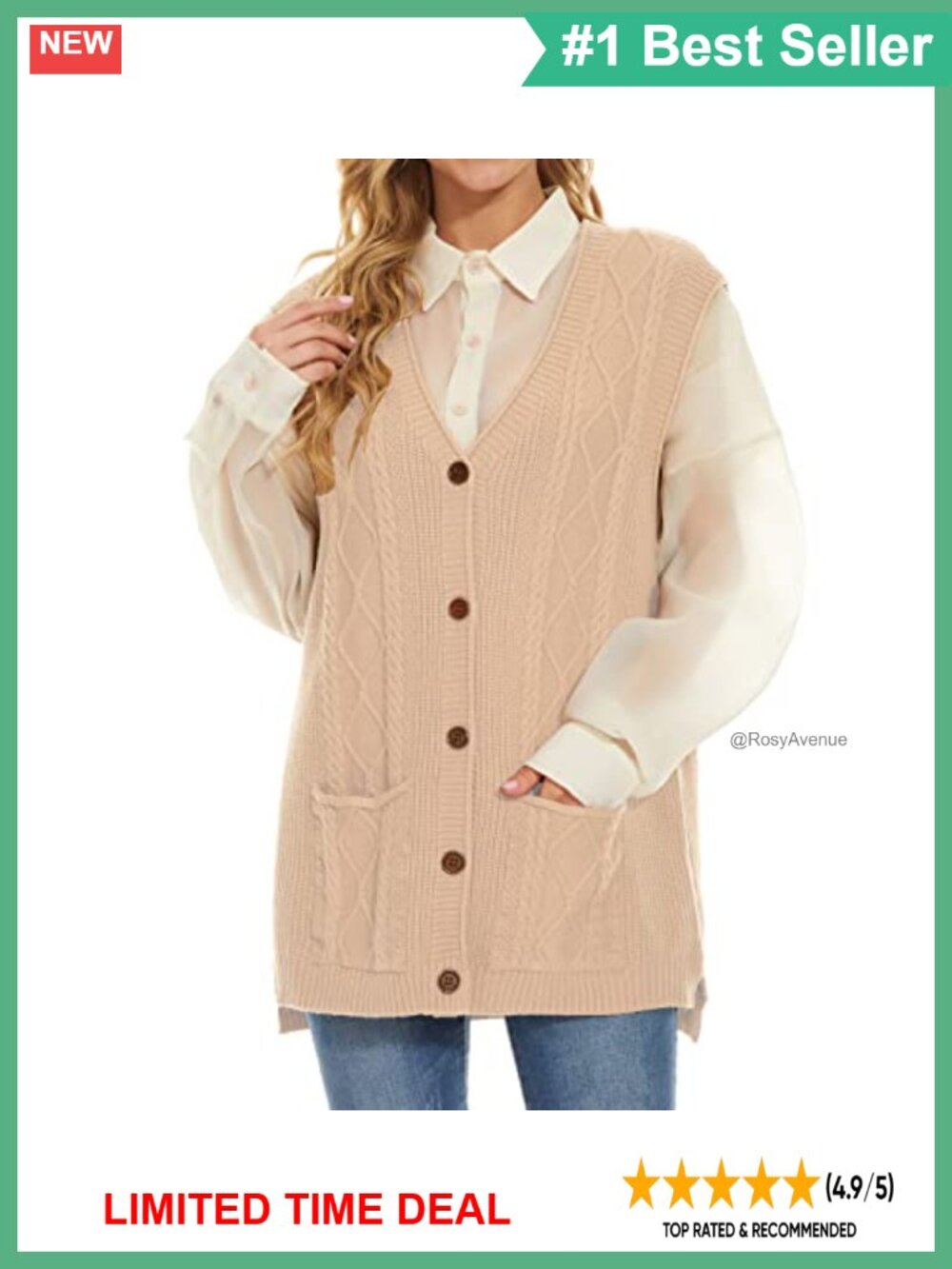 Women's Cable Knit Sweater Vest Sleeveless Button Cardigan with Pockets